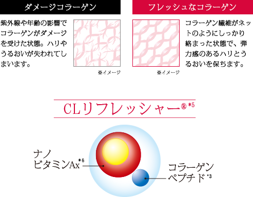 ダメージコラーゲン 紫外線や年齢の影響でコラーゲンがダメージを受けた状態。ハリやうるおいが失われてしまいます。 フレッシュなコラーゲン コラーゲン繊維がネットのようにしっかり絡まった状態で、弾力感のあるハリとうるおいを保ちます。 CLリフレッシャー®* ナノビタミンAx* コラーゲン ペプチド*