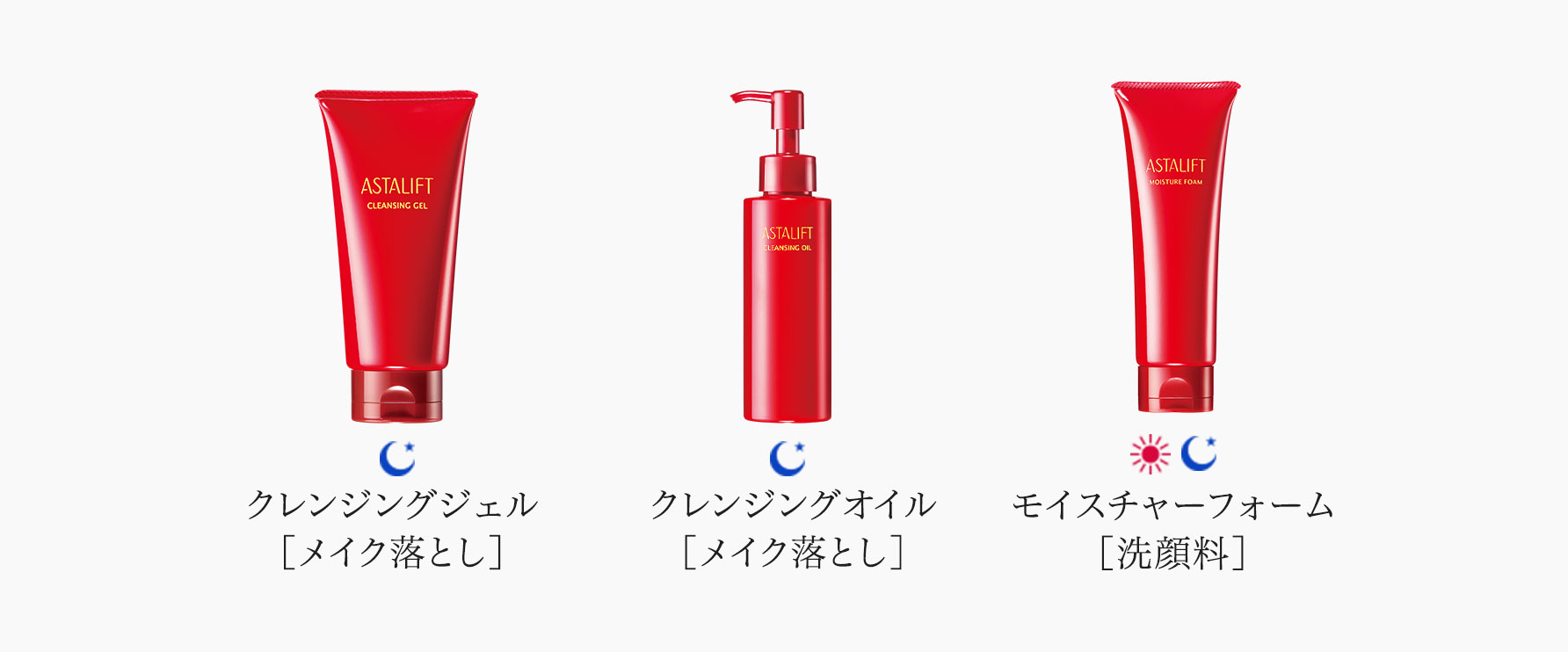 クレンジングジェル ［メイク落とし］、クレンジングオイル ［メイク落とし］、モイスチャーフォーム ［洗顔料］