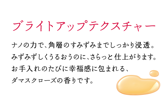 ブライトアップテクスチャー ナノの力で、角層のすみずみまでしっかり浸透。みずみずしくうるおうのに、さらっと仕上がります。お手入れのたびに幸福感に包まれる、ダマスクローズの香りです。