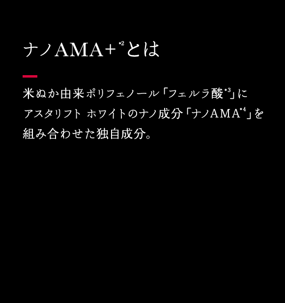ナノAMA+とは 米ぬか由来ポリフェノール「フェルラ酸」にアスタリフト ホワイトのナノ成分「ナノAMA 」を組み合わせた独自成分。